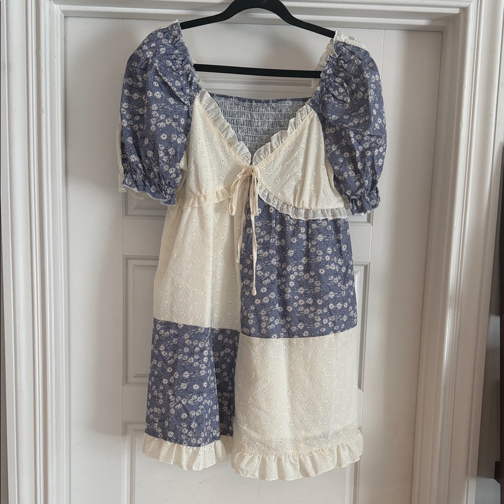 Patchwork Eyelet & Floral Babydoll Dress in Cream and Dusty Blue